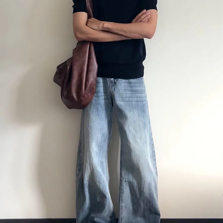 浅蓝色弯刀牛仔裤男款秋季美式复古阔腿长裤子cleanfit直筒微喇裤