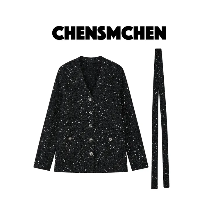 CHENSMCHEN  绵羊毛V领长袖小香外套女时尚百搭显瘦上衣CSW7439MX