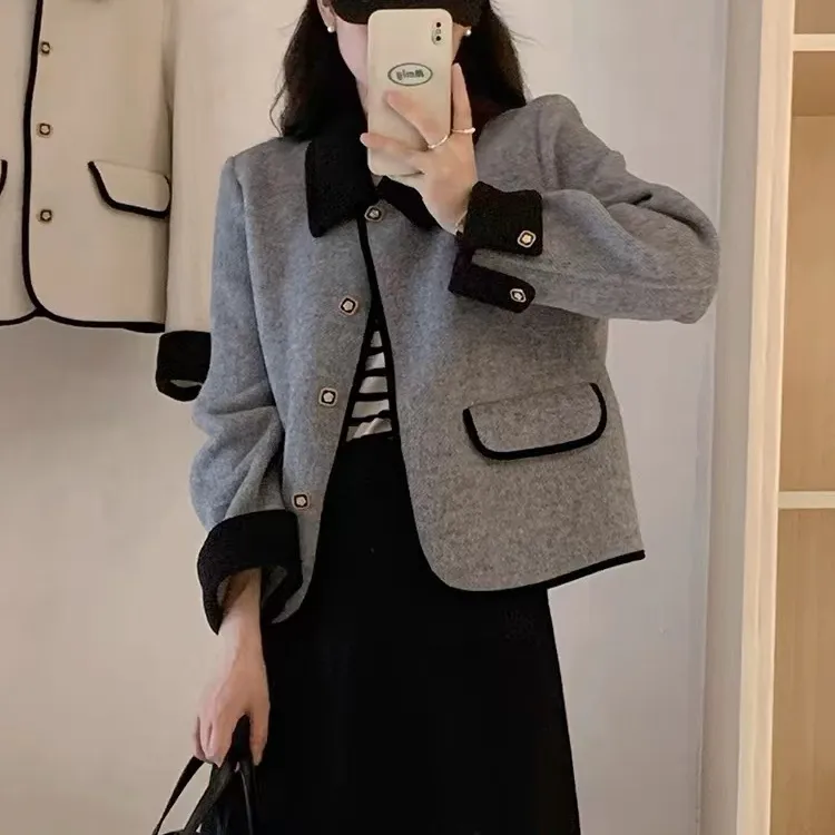 小香风双面羊毛大衣女短款撞色气质精致羊毛呢外套女显瘦洋气秋冬