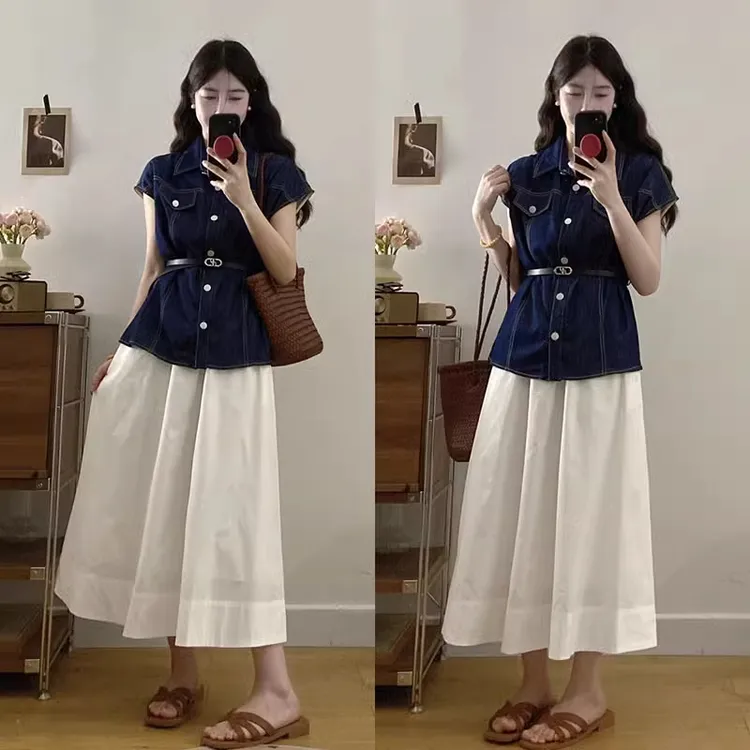 拉夏贝尔法式气质牛仔套装女2025夏季轻熟风收腰衬衫半身裙两件套