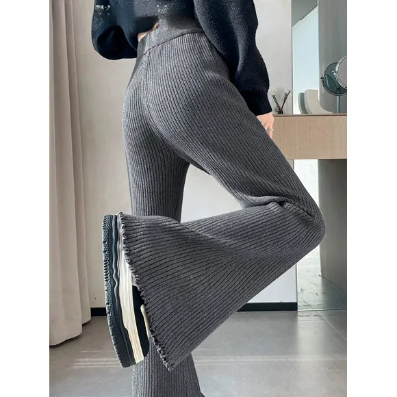 灰色针织软糯微喇裤女秋季新款高腰窄版阔腿裤垂感喇叭裤显瘦时尚