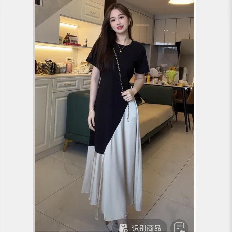 大码百褶下摆撞色拼接t恤连衣裙女夏季新款胖mm宽松显瘦气质裙子