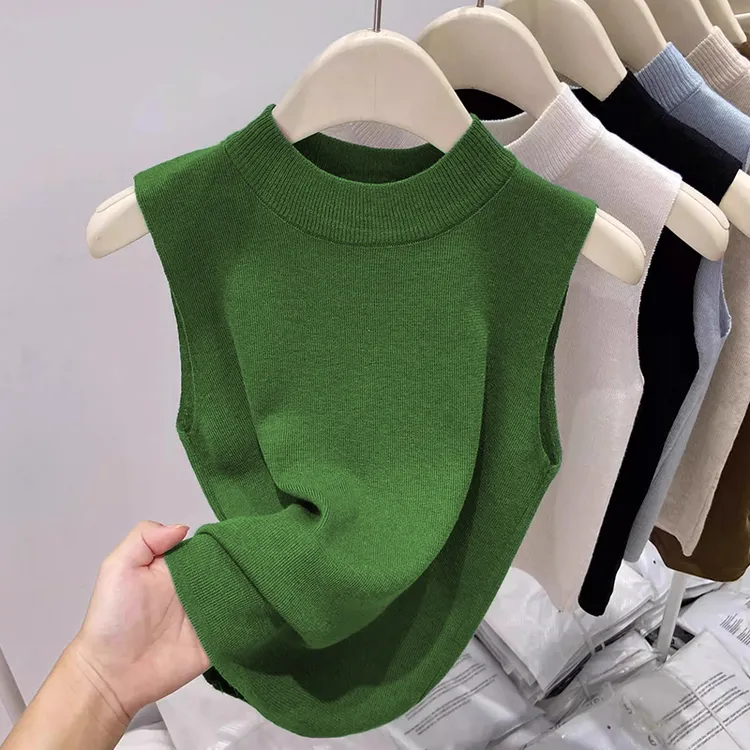高级感绝美无袖针织背心女冰丝短款2025夏新款牛油果绿上衣超好看