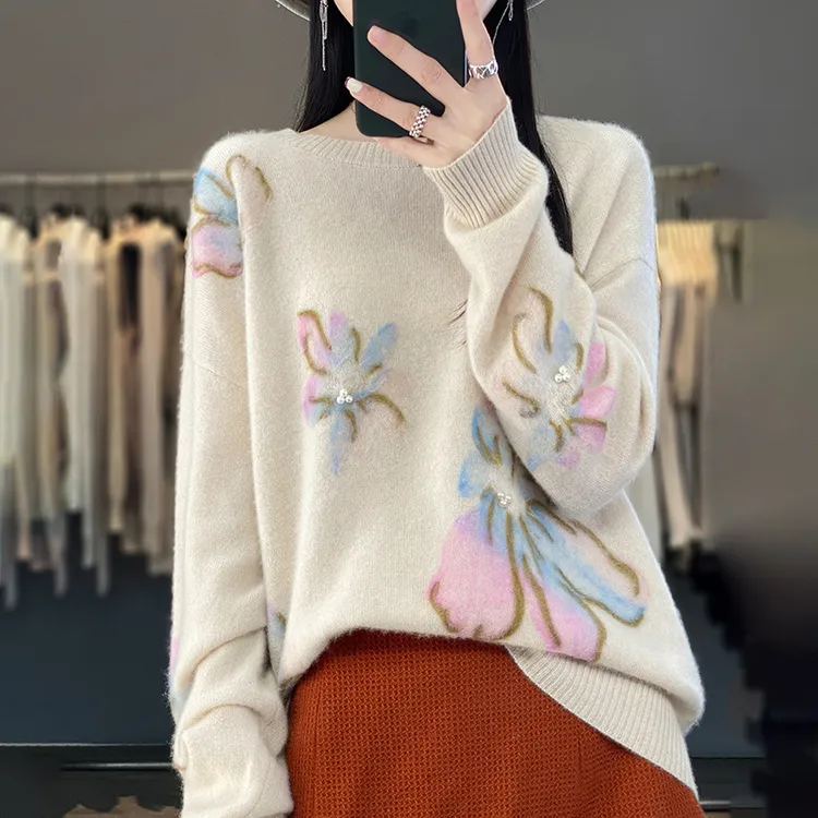 2025年韩系秋冬新款纯羊毛针织衫女式圆领套头拼色花朵长袖打底毛
