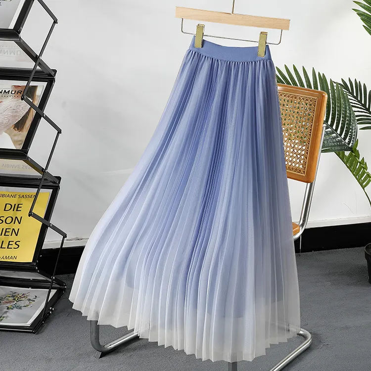 渐变网纱半身裙女2025夏季新款韩系高腰显瘦中长款百褶裙大摆纱裙