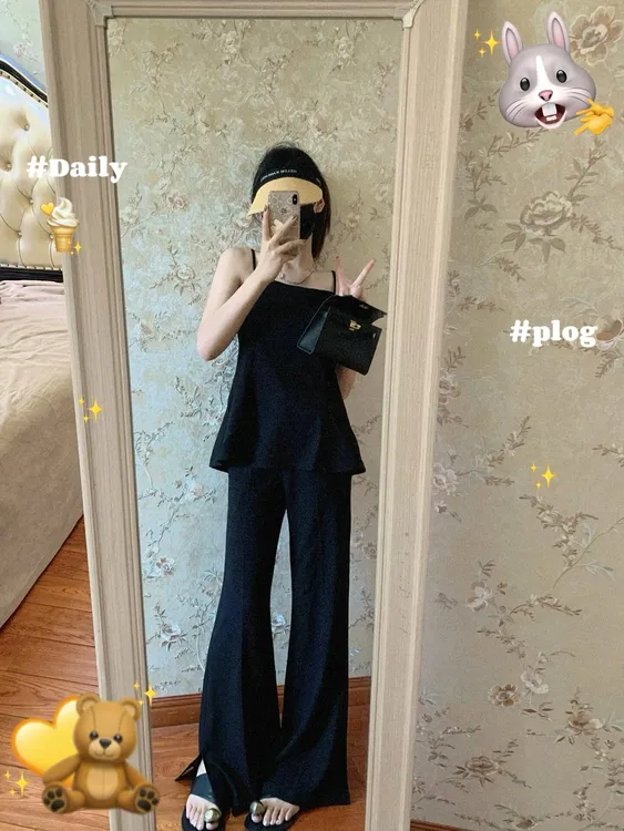 【你很美】盐系炸街酷飒拽姐穿搭套装辣妹黑色吊带上衣微喇裤两件套