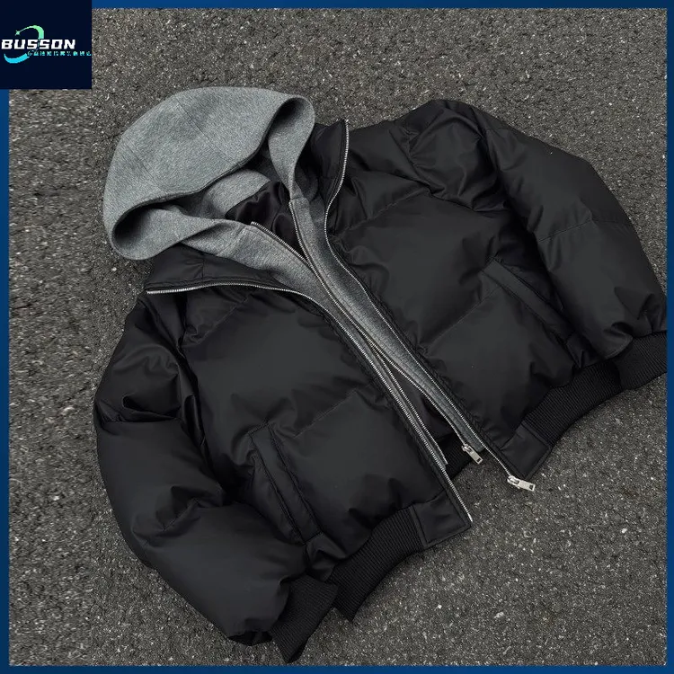 【布森熊】冬季外套加厚棉服PU皮质假两件连帽宽松棉衣高级感男装