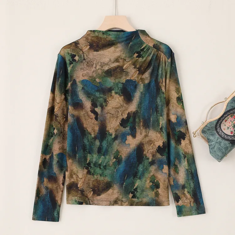 LANZIBES/蓝之蓓真丝针织晕染印花长袖T恤上衣气质显瘦洋气C10865