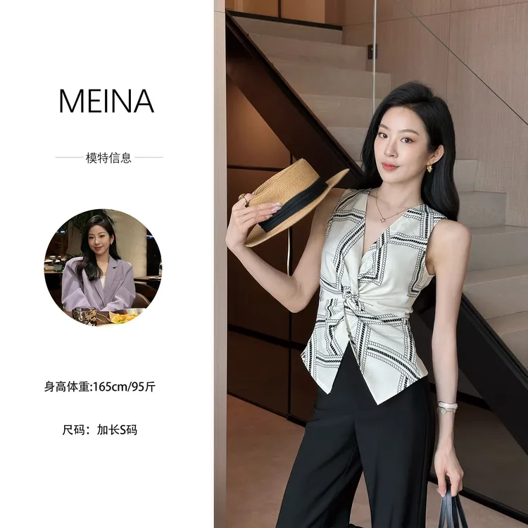 MEINA专属【柏林花事】春夏气质老钱风V领无袖扭结设计修身显瘦上衣