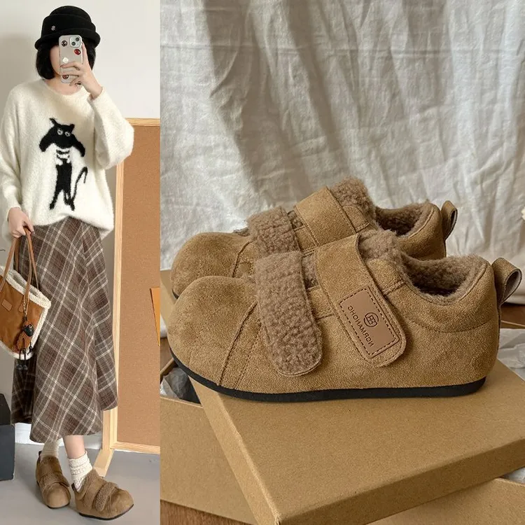 加绒羊羔绒魔术贴懒人鞋保暖休闲鞋贝壳头防滑耐磨百搭鞋K227-2