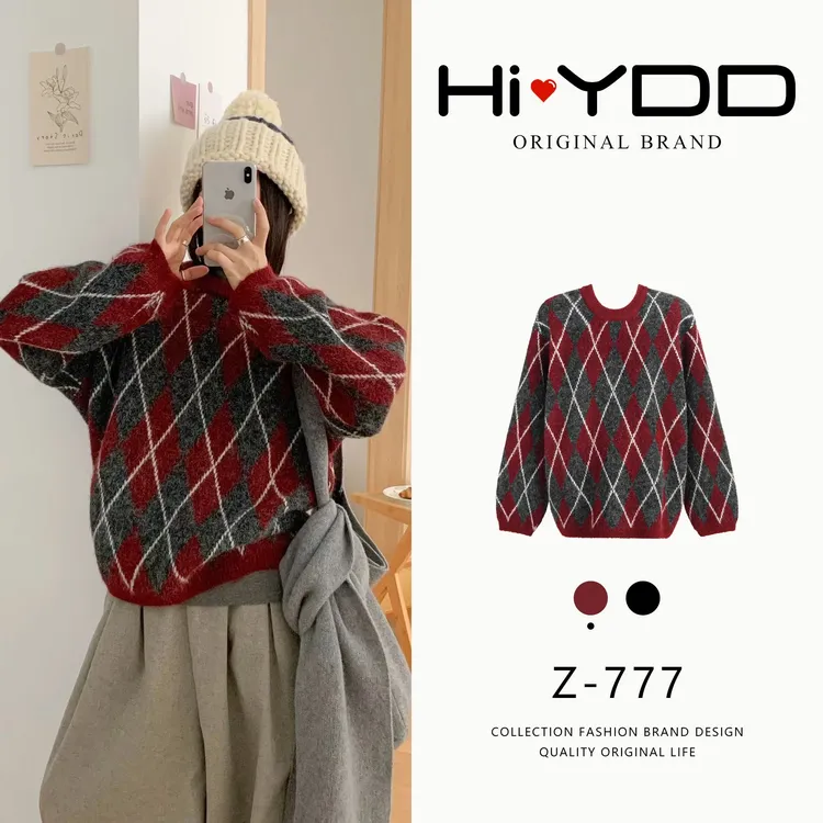 YDD•「Z-777」秋款慵懒休闲设计感菱格圆领套头针织毛衣女JSH-6651