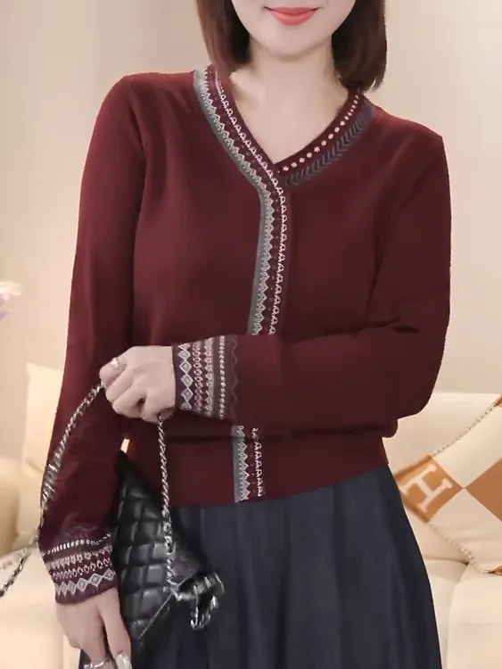 红色V领长袖费尔岛风开衫女2025秋季新款高级感休闲时尚百搭上衣
