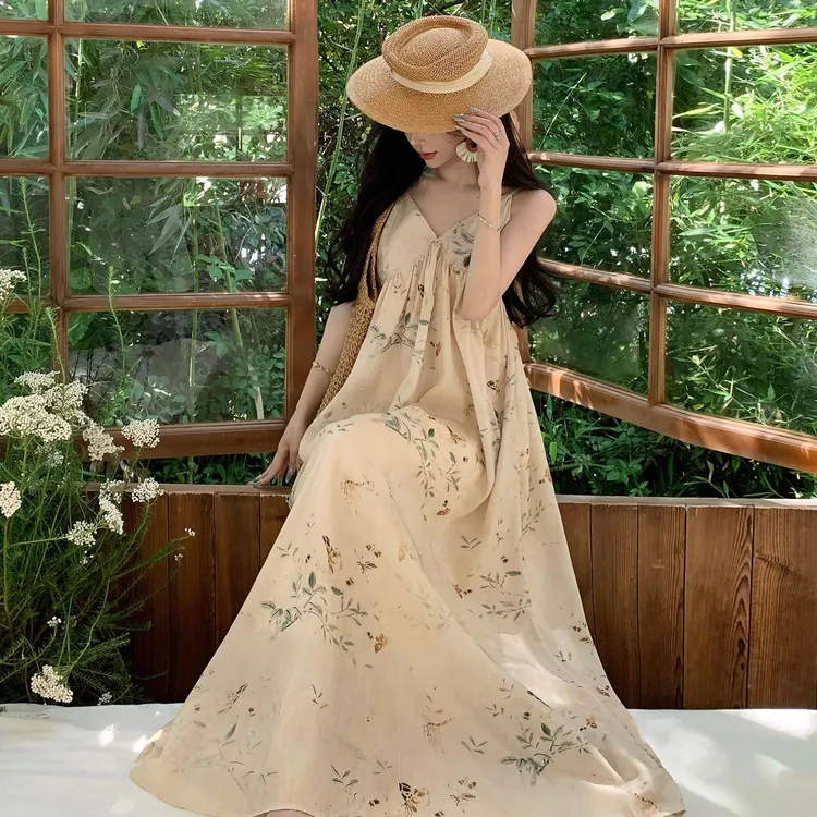 【现货】美洋同款花鸟新中式吊带裙国风雅致领无袖休闲海边度假风
