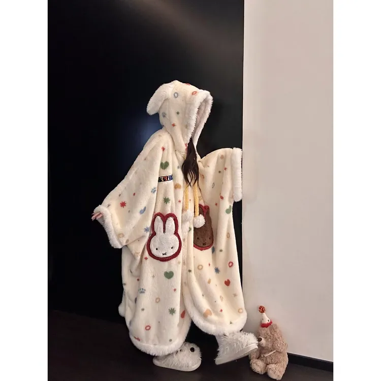 米菲兔耳斗篷珊瑚绒秋冬加厚保暖睡袍女可爱朵连帽外套睡裙家居服