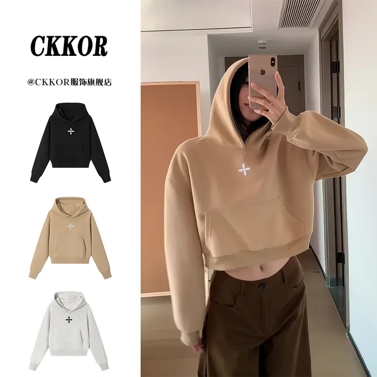 CKKOR秋季新款慵懒风连帽卫衣女美式潮牌设计感修身显瘦短款外套