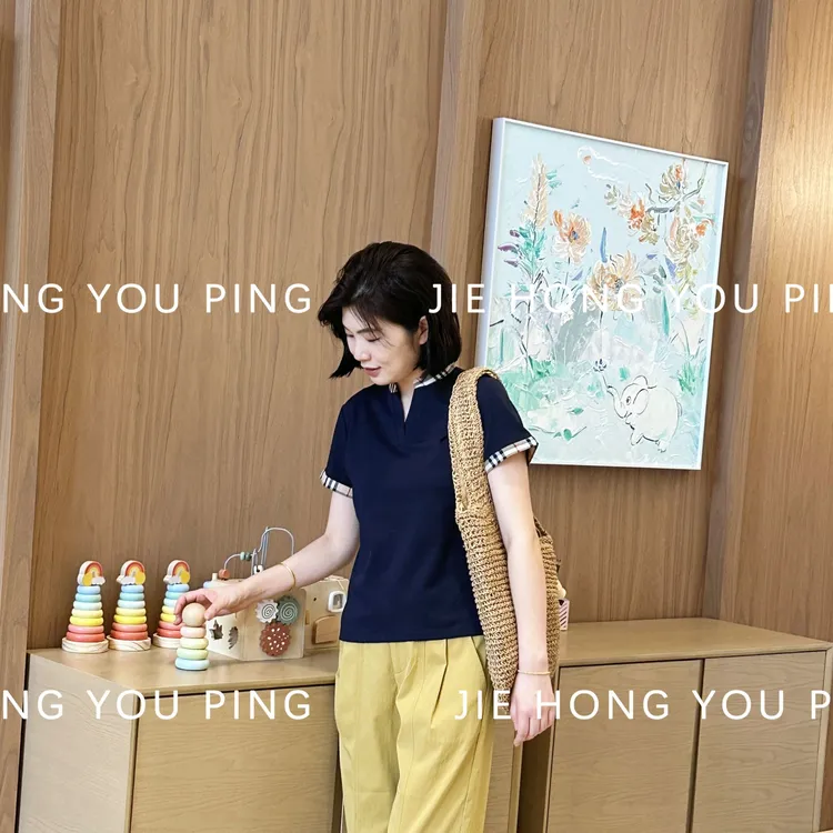 2025夏季新款百搭拼接格子立领时尚透气凉爽显瘦短袖上衣25571