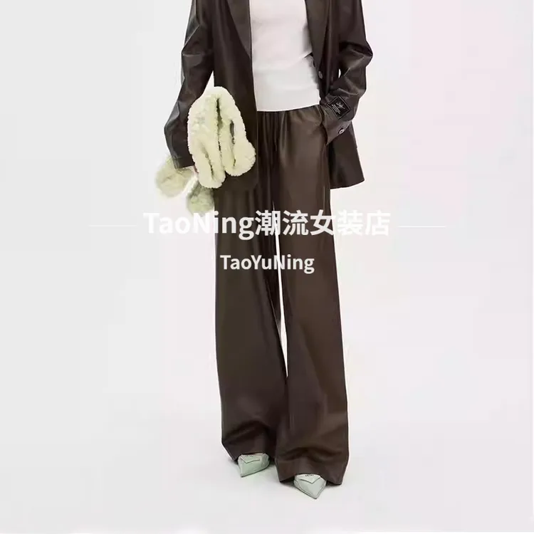复古港风~品质PU皮裤蛋白皮25秋冬内里磨毛松紧腰百搭直筒阔腿裤