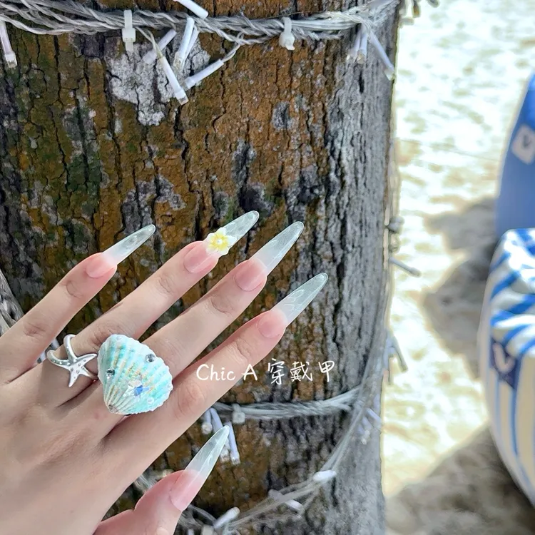 【薄荷夏天】夏日海岛风美甲清新水波纹猫眼鸡蛋花海边度假穿戴甲