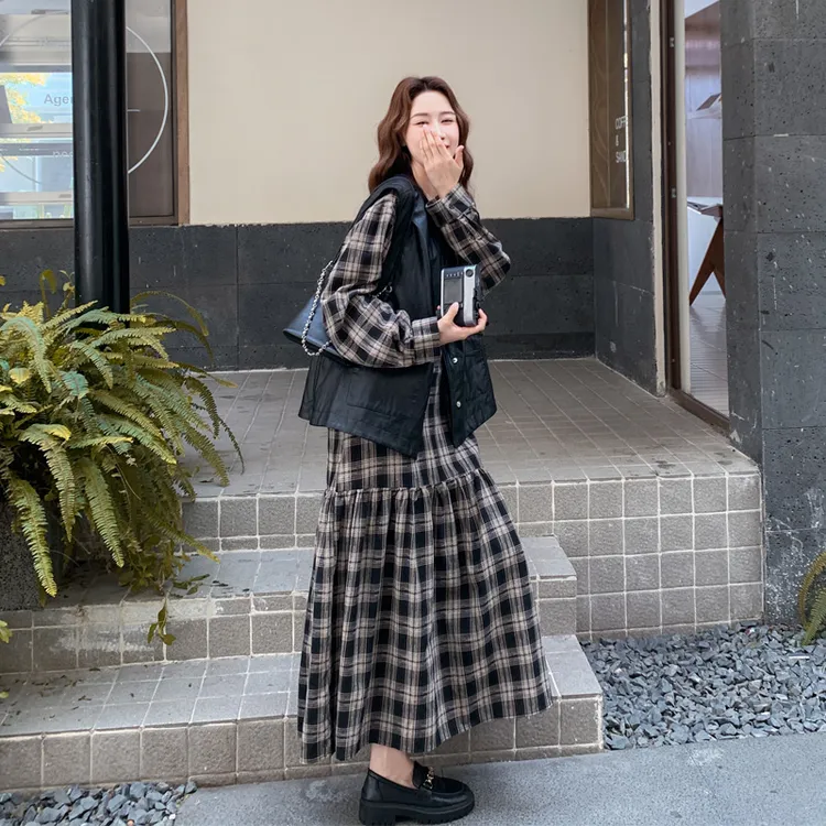 甜酷风韩系复古格子连衣裙皮马甲2025春秋新款小众ins风显瘦套装