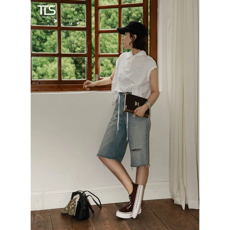 TT【5分裤】冈山牛仔100棉破洞毛边复古水洗短裤高腰牛仔中裤1419