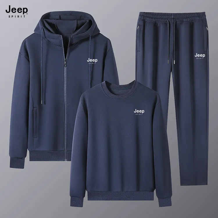 JEEP吉普运动套装男士三件套春秋季立领连帽圆领套装卫衣一身男装