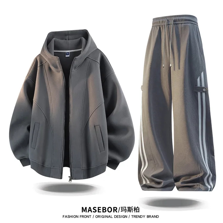 玛斯柏美式解构重磅开衫卫衣休闲套装男秋冬季外套卫裤两件套衣服
