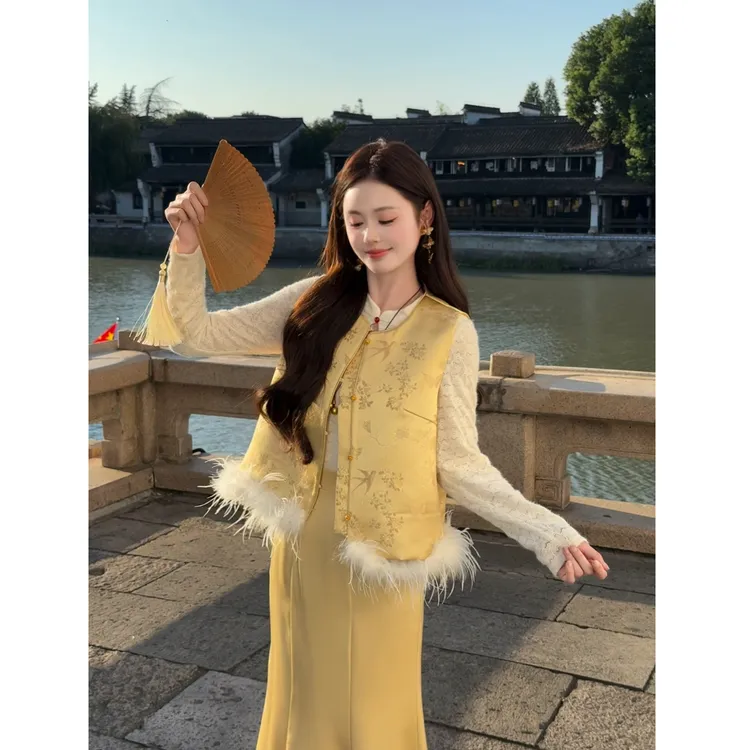 【鎏光】<77>新中式毛毛拼接马甲+鱼尾半裙XMZH9645