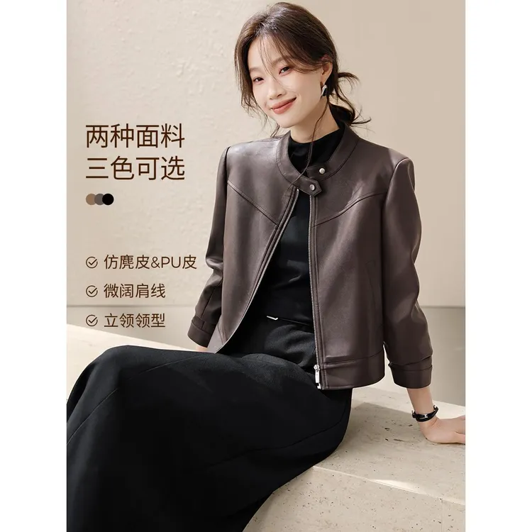 纽约都市机车风PU皮衣2025秋季新款宽肩超柔麂皮外套女