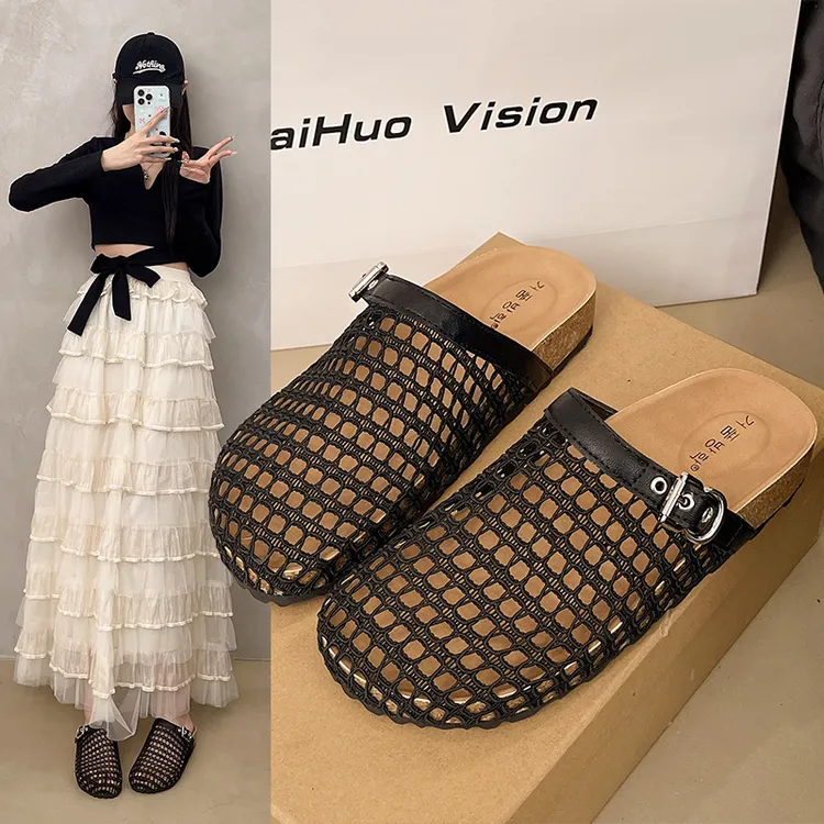 渔夫半拖鞋女夏外穿配裙子爆款2025新款百搭透气网鞋镂空渔网鞋