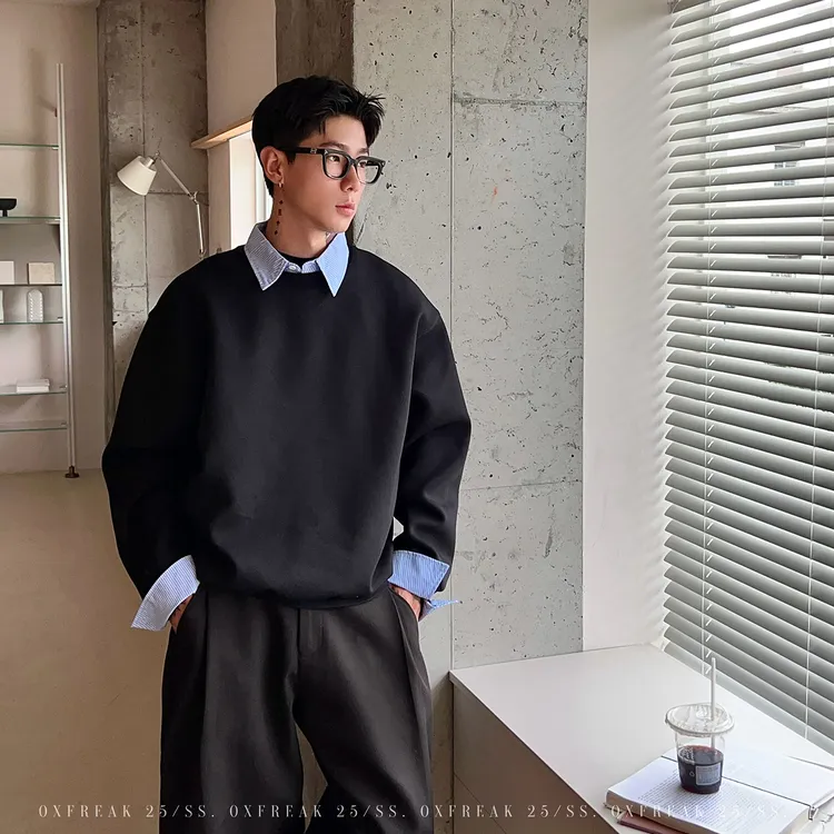 OXFREAK「高智感 衬衫领」500g重磅假两件翻领卫衣男宽松韩系长袖