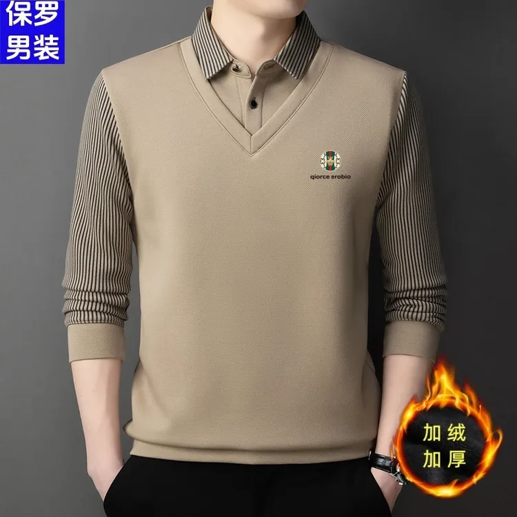 冬季加绒加厚假两件中老年男士高档长袖休闲打底保暖衬衫领POLO衫