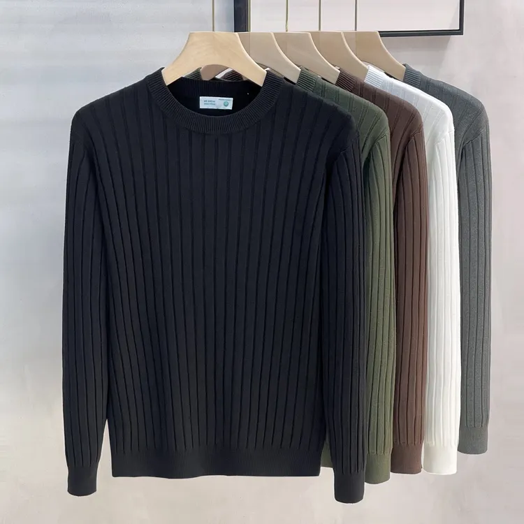 纯色内搭圆领毛衣男秋冬修身坑条提花针织打底衫男装长袖套头毛衫