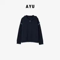 阿玉家&冬季韩版时尚连帽拉链针织开衫毛衣袖拼色羊毛衫#9940