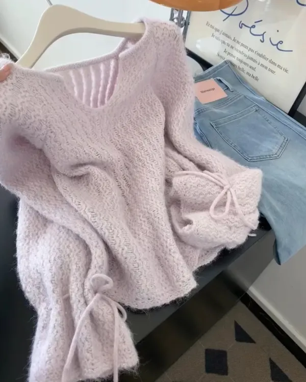 法式温柔慵懒风V领毛衣女秋冬宽松加厚设计感小众系带针织衫上衣