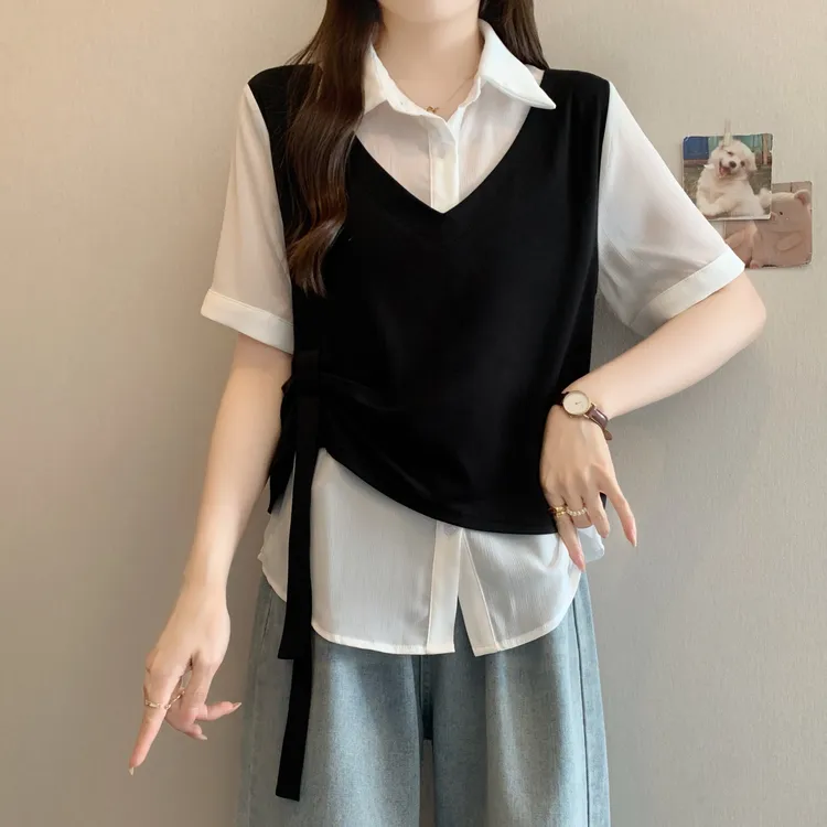 2025夏季韩版大码女装胖mm拼接假两件正肩短袖T恤飘带上衣64531