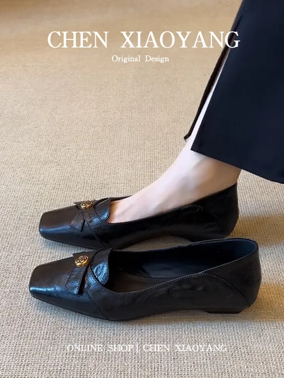 羊皮版/法式真皮单鞋女夏山茶花乐福鞋通勤百搭浅口方头玛丽珍鞋」