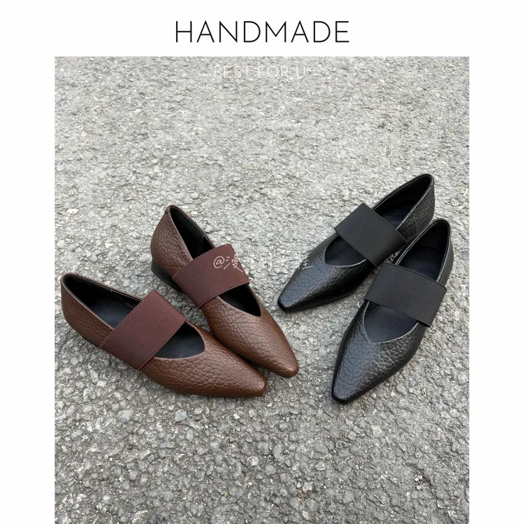 漫言町3cm头层牛皮超软尖头一字带单鞋法式浅口气质平底玛丽珍鞋