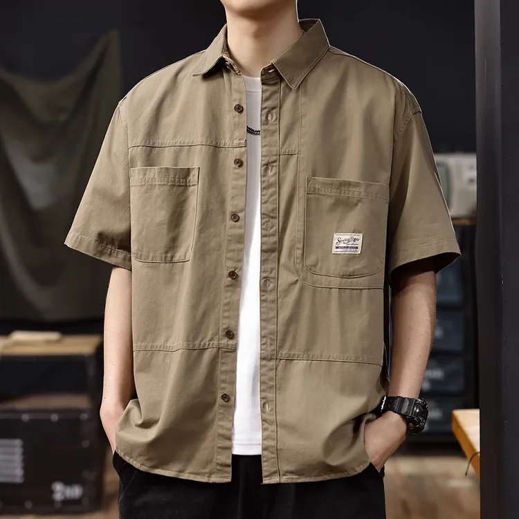 新款美式复古纯棉工装短袖衬衫男士2025夏季宽松大码半袖衬衣衫潮