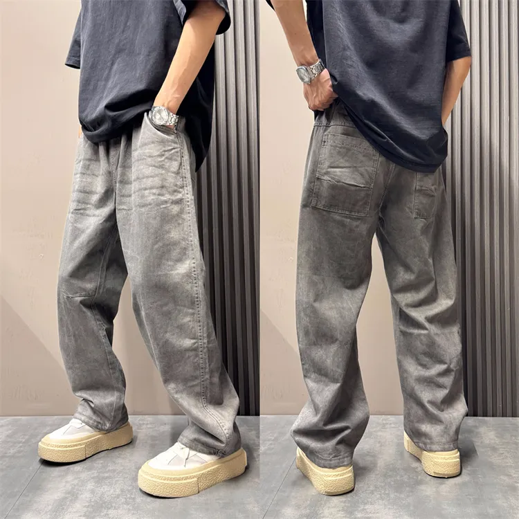 美式潮流做旧设计感阔腿直筒牛仔裤男2025秋季宽松复古弯刀牛仔裤