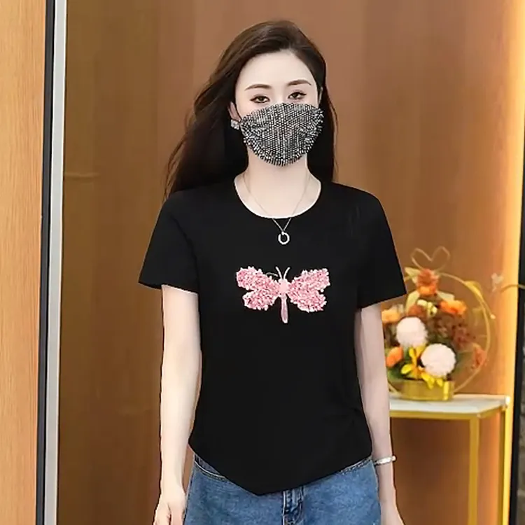 圆领防晒短袖褶皱蝴蝶蝴蝶结T恤气质时尚夏季打底衫印花潮牌韩系