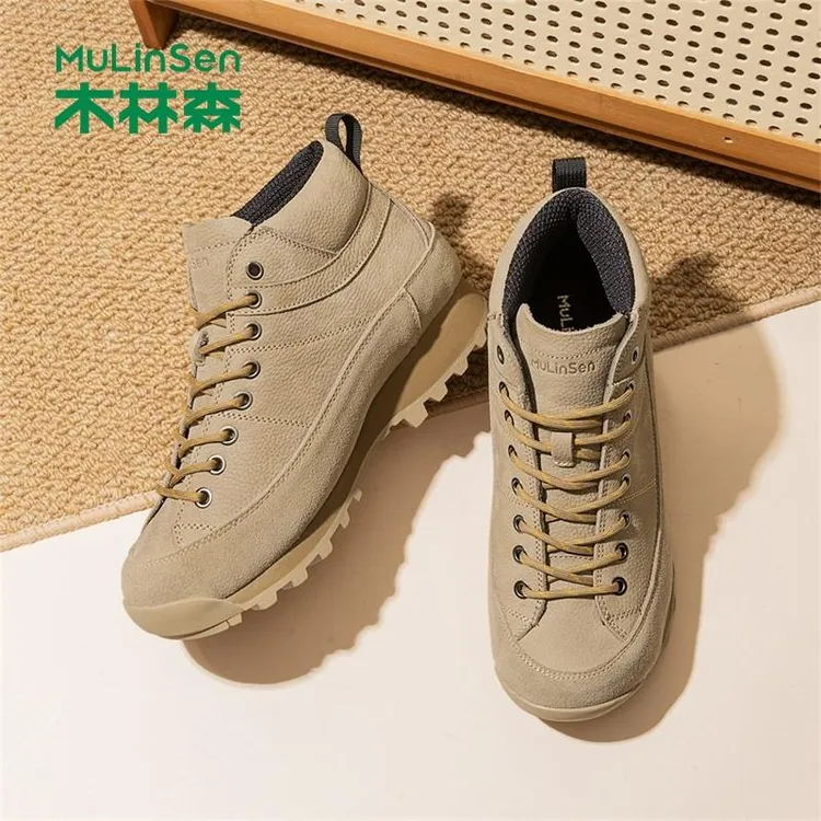 木林森男鞋跑鞋越野露营厚底牛皮时尚休闲鞋秋冬正品另类中帮徒步