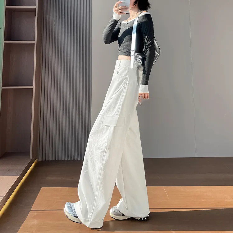 白色美式阔腿工装裤女春秋新款高腰宽松显瘦休闲香蕉弯刀运动裤子