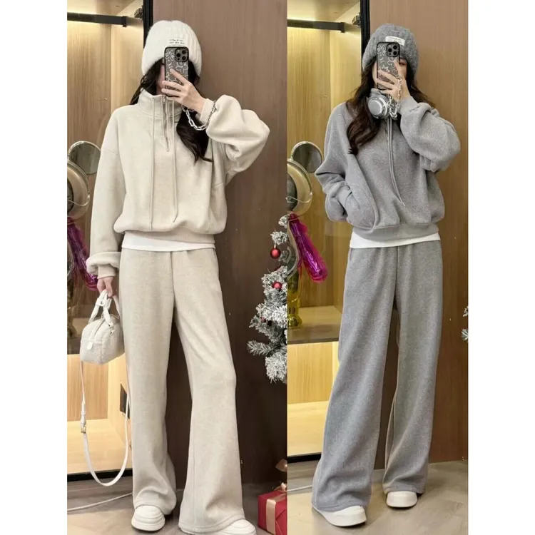 卫衣套装女秋冬2025新款欧货高级感洋气休闲阔腿裤加绒运动两件套