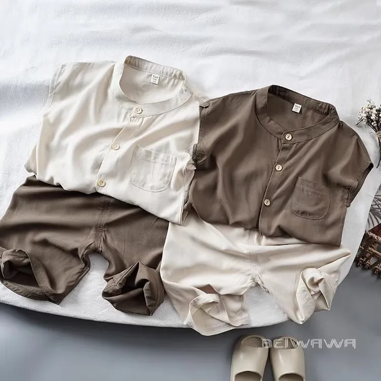 2025夏季新款自带凉感人造棉童装 儿童绵绸套装上衣裤子两件套