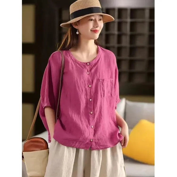 2025年夏季新款气质纯色亚麻衬衫女士轻薄宽松小众蝙蝠袖上衣小衫
