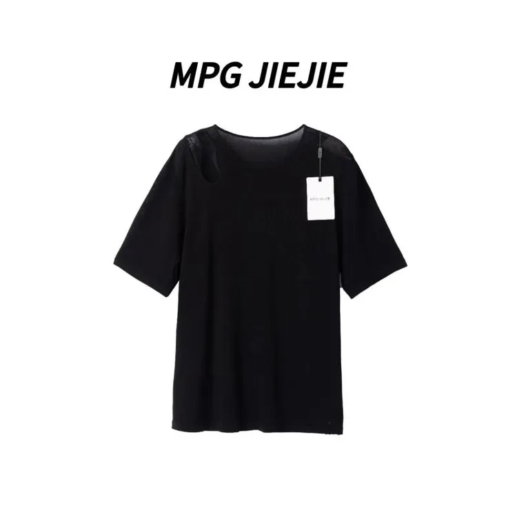 MPG JIEJIE【错位】大码春夏针织休闲黑色纯色设计镂空圆领T恤上衣