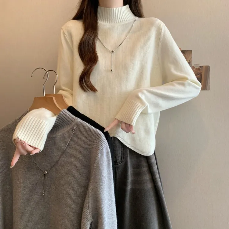 链条中领针织衫不对称波浪下摆正肩长袖套头毛衣2025胖MM秋冬新款