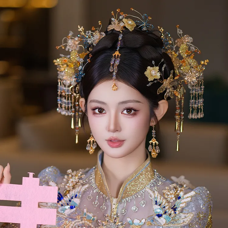 合金树脂婚庆饰品 2026新娘发饰秀禾手工琉璃花减龄发饰套装G0358