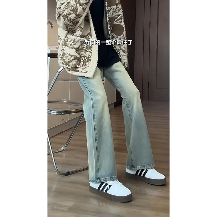 水洗磨白复古蓝牛仔裤男款秋冬加绒提档版型裤子直筒修身微喇长裤