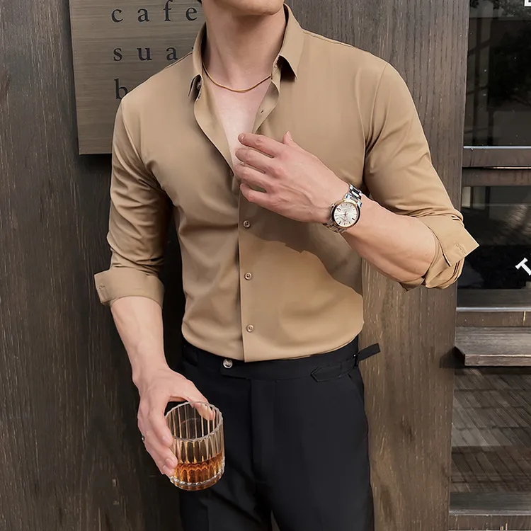 轻奢商务休闲修身时尚潮流上衣韩版长袖纯色薄款男高弹帅气风男士